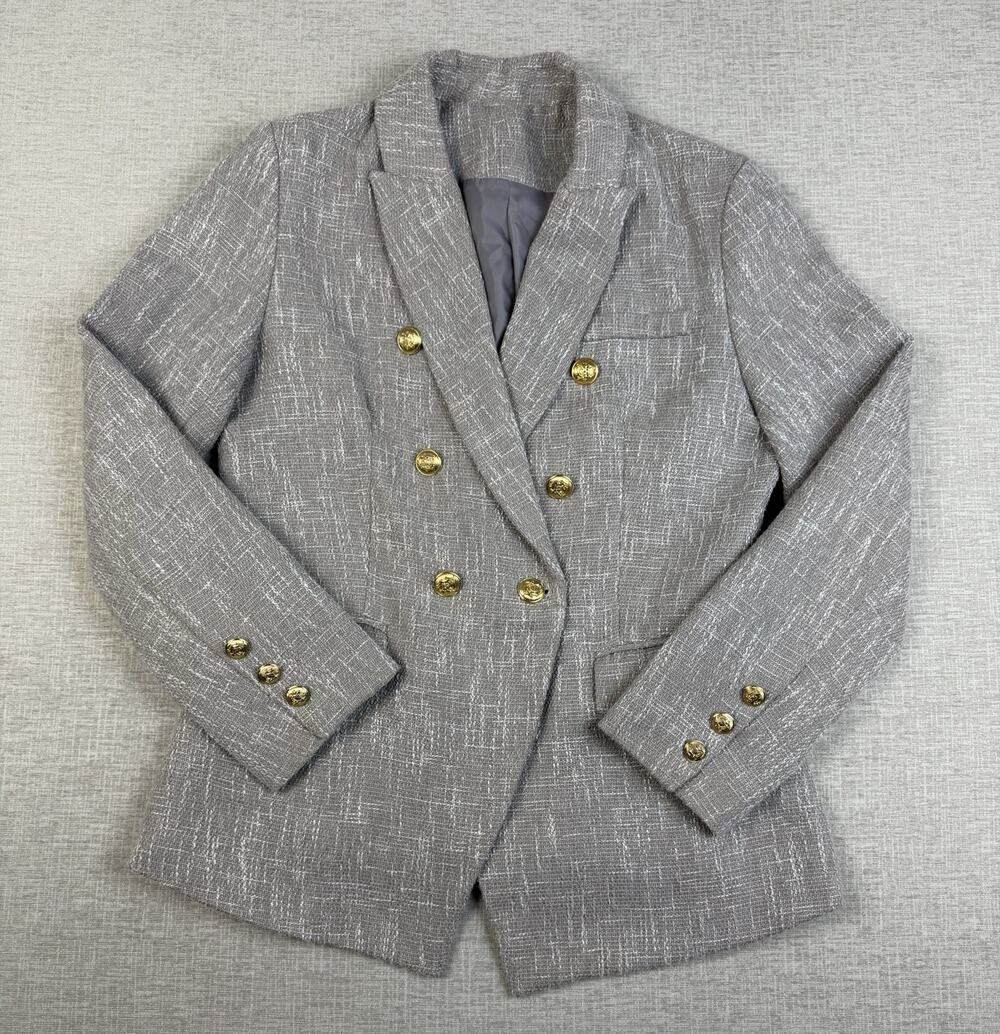 Women’s Large Gray Textured Double Breasted Blazer Gold Buttons
